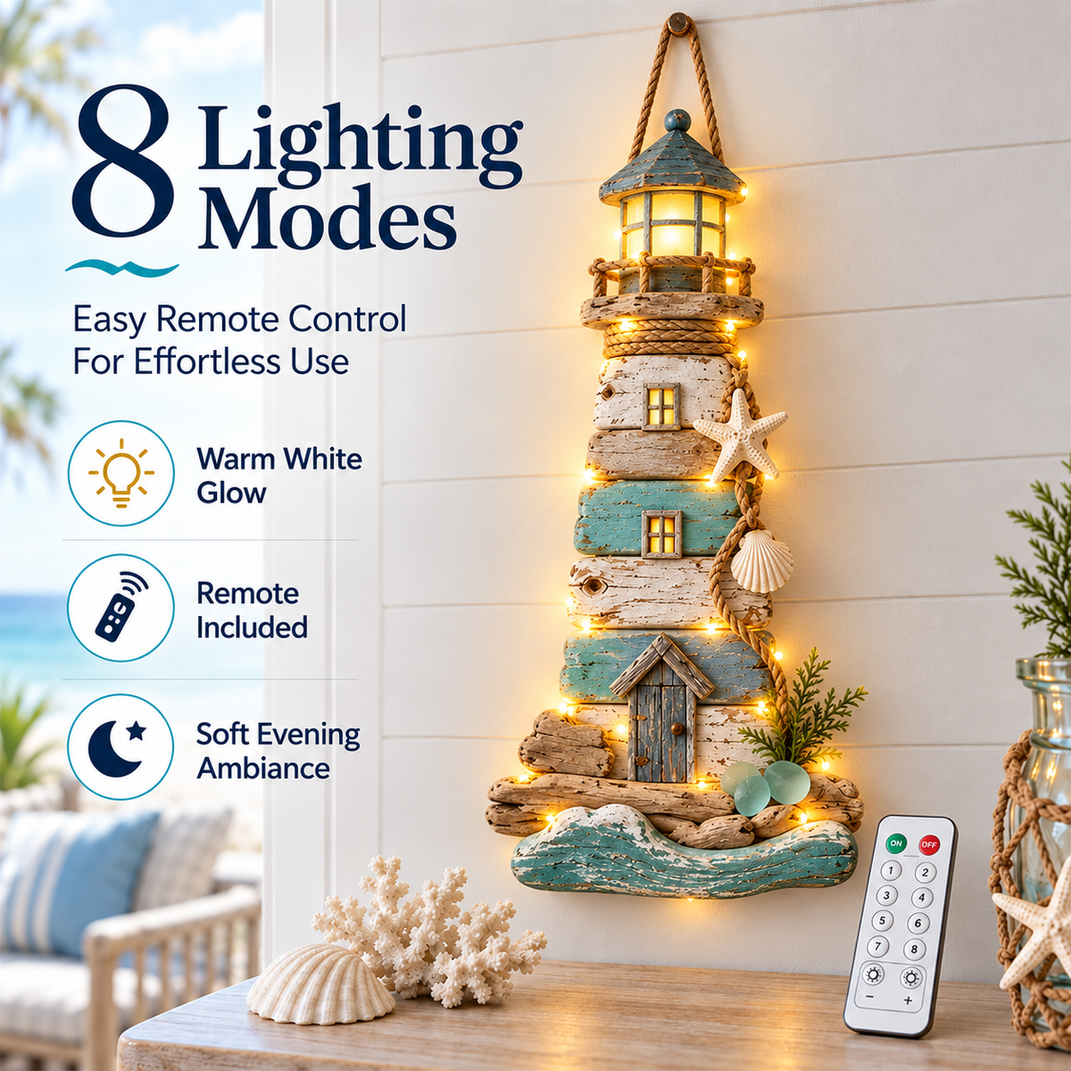 Lighted coastal lighthouse wall decor with warm white glow and remote control