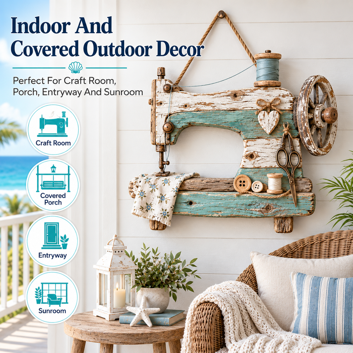 🧵🪡 Coastal Driftwood Sewing Machine Wall Decor – Rustic Sewing Room Hanging Accent