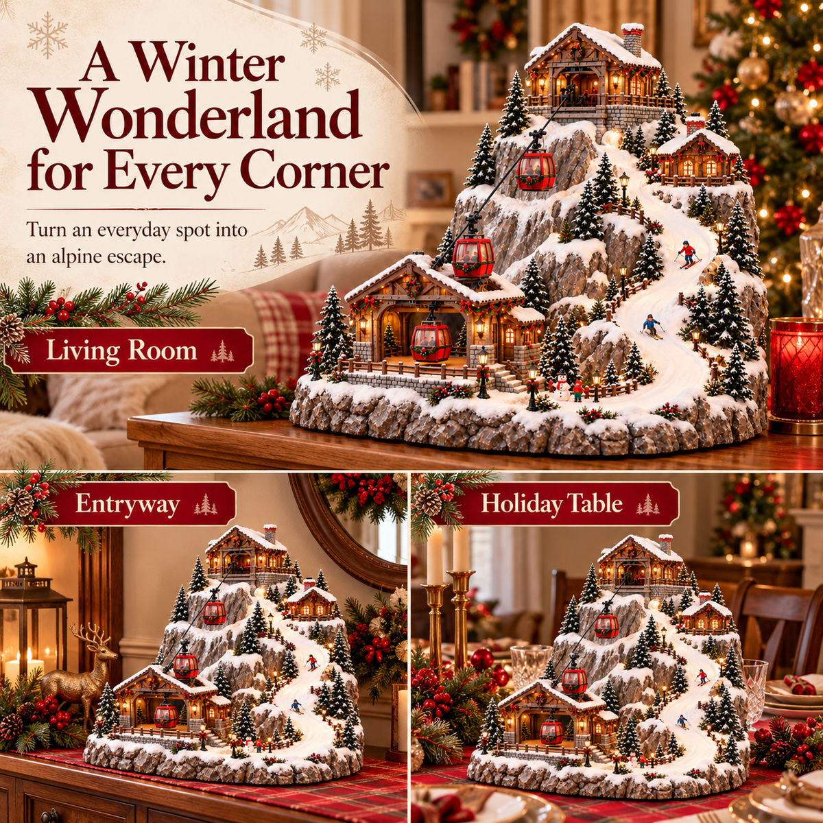 🚠🎄 Christmas Mountain Ski Village™ – Moving Cable Cars & Warm Alpine Glow
