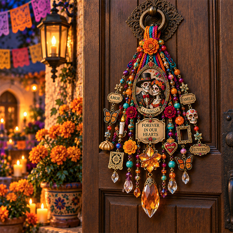 Día de los Muertos family remembrance door blessing with marigolds and colorful charms