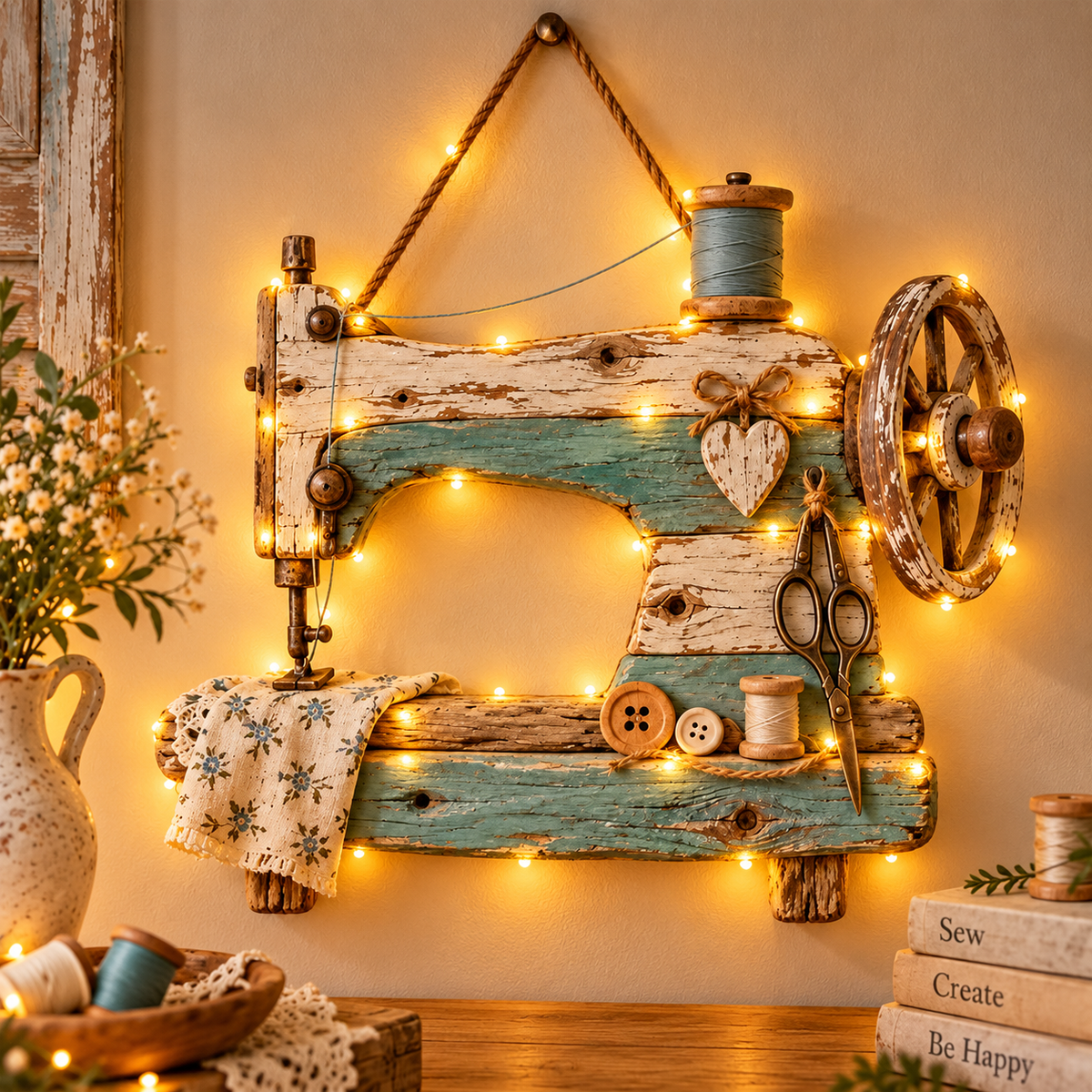 🧵🪡 Coastal Driftwood Sewing Machine Wall Decor – Rustic Sewing Room Hanging Accent
