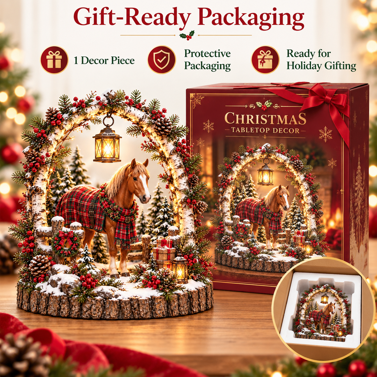 Christmas horse scene displayed in a rustic farmhouse holiday setting