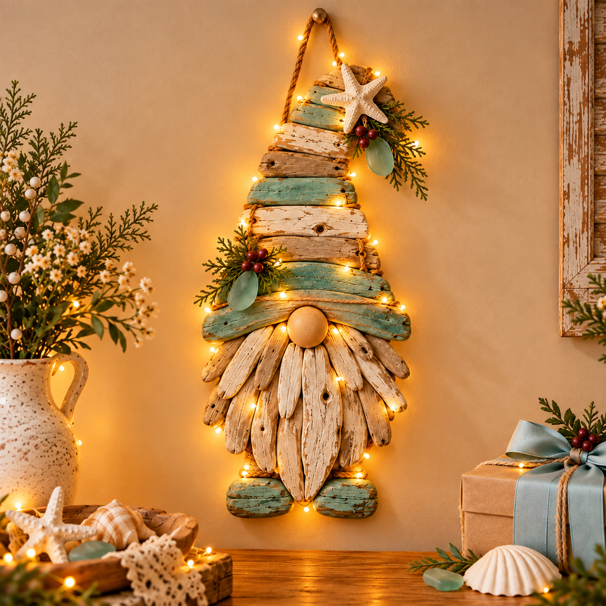 🌊🧙 Coastal Driftwood Gnome Wall Decor – Rustic Beach House Hanging Accent