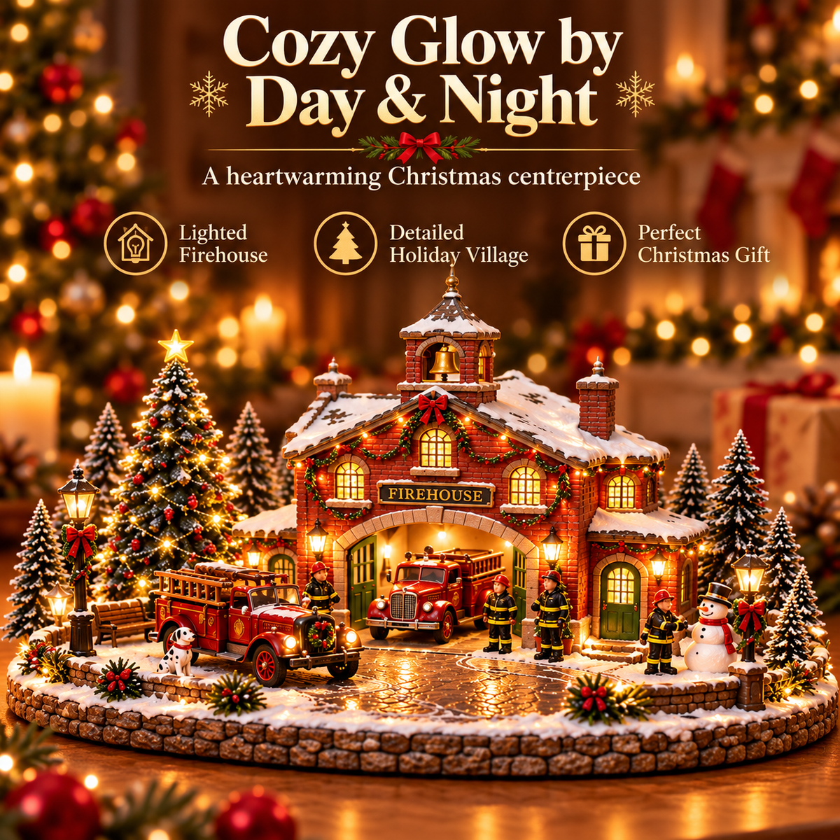 Detailed lighted Christmas Firehouse Village with firefighters and Dalmatian