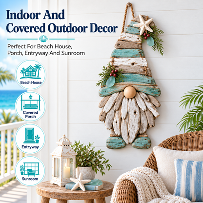🌊🧙 Coastal Driftwood Gnome Wall Decor – Rustic Beach House Hanging Accent