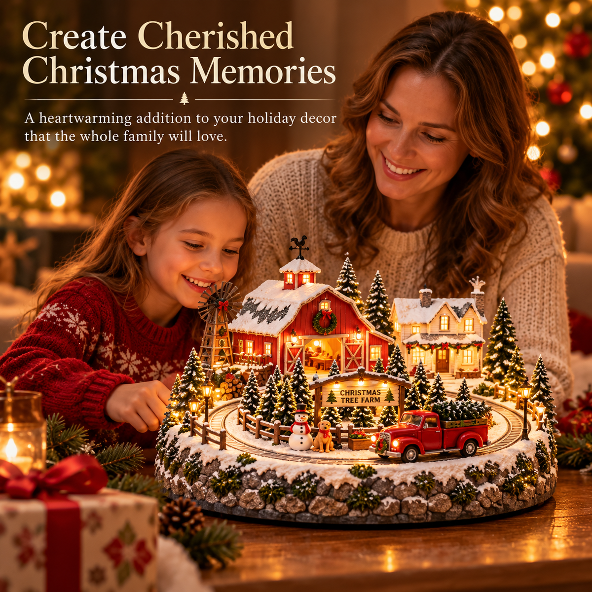 Family enjoying a lighted Christmas Tree Farm Village