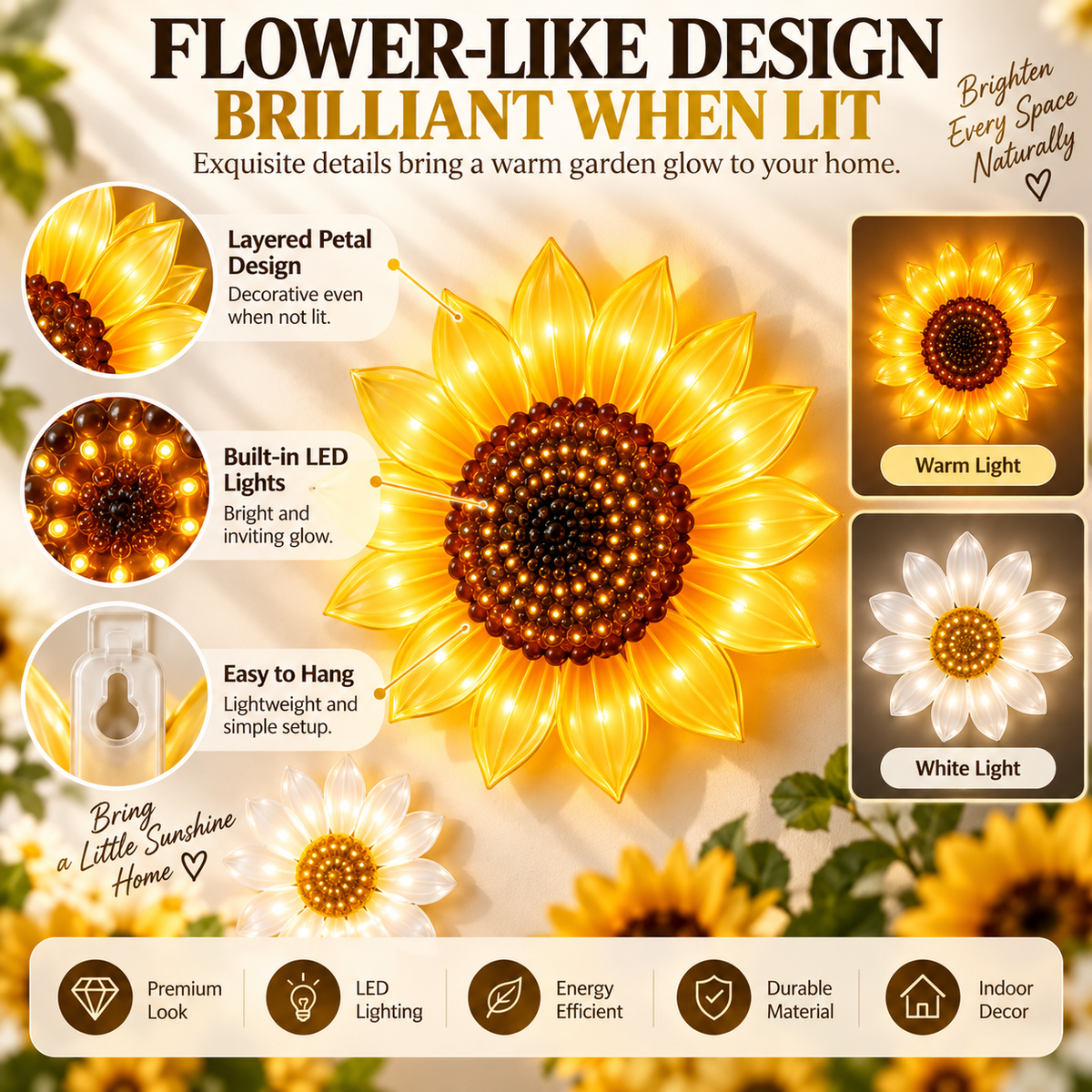 Close-up layered sunflower and daisy LED wall light details
