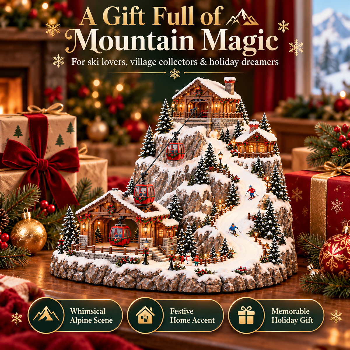 🚠🎄 Christmas Mountain Ski Village™ – Moving Cable Cars & Warm Alpine Glow