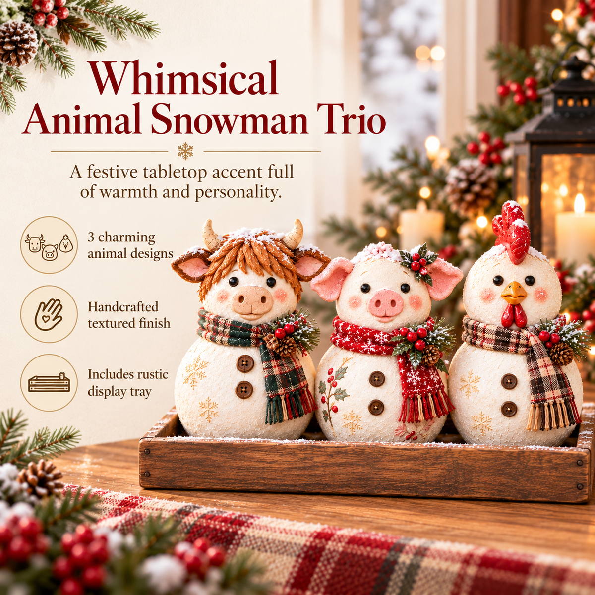 Three farmhouse animal Christmas snowmen grouped in a rustic wooden display tray