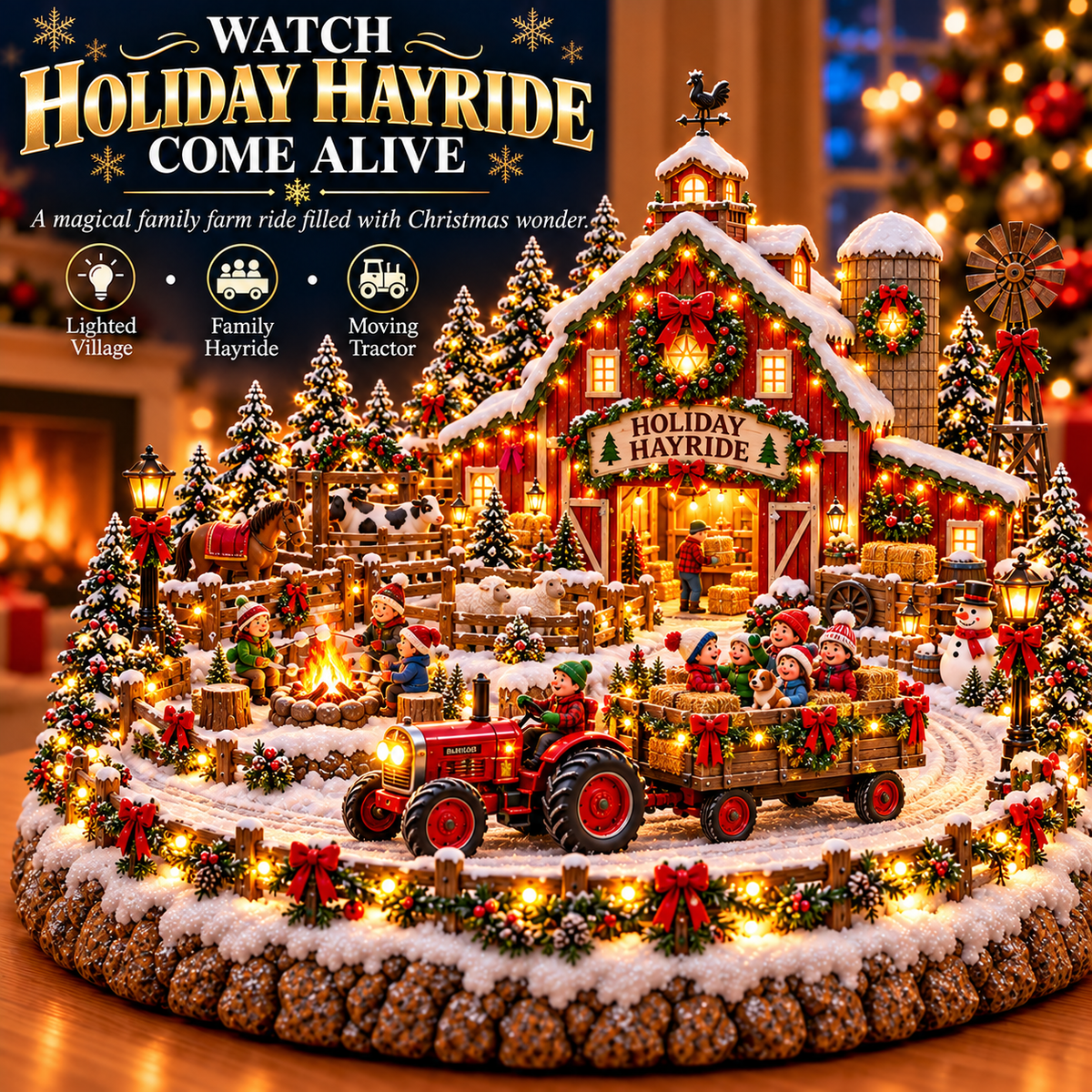 🚜🎄 Christmas Holiday Hayride Village™ – Lighted Christmas Farm Scene with Moving Tractor, Family Hayride & Red Barn