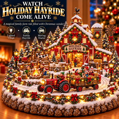 🚜🎄 Christmas Holiday Hayride Village™ – Lighted Christmas Farm Scene with Moving Tractor, Family Hayride & Red Barn