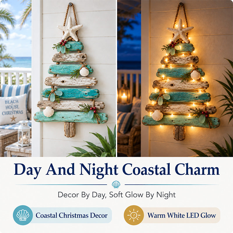 Coastal Christmas tree day and night comparison with warm white lights