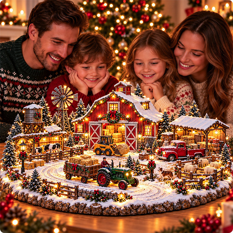 Family enjoying Christmas Farm Village with barn tractor and farm animals