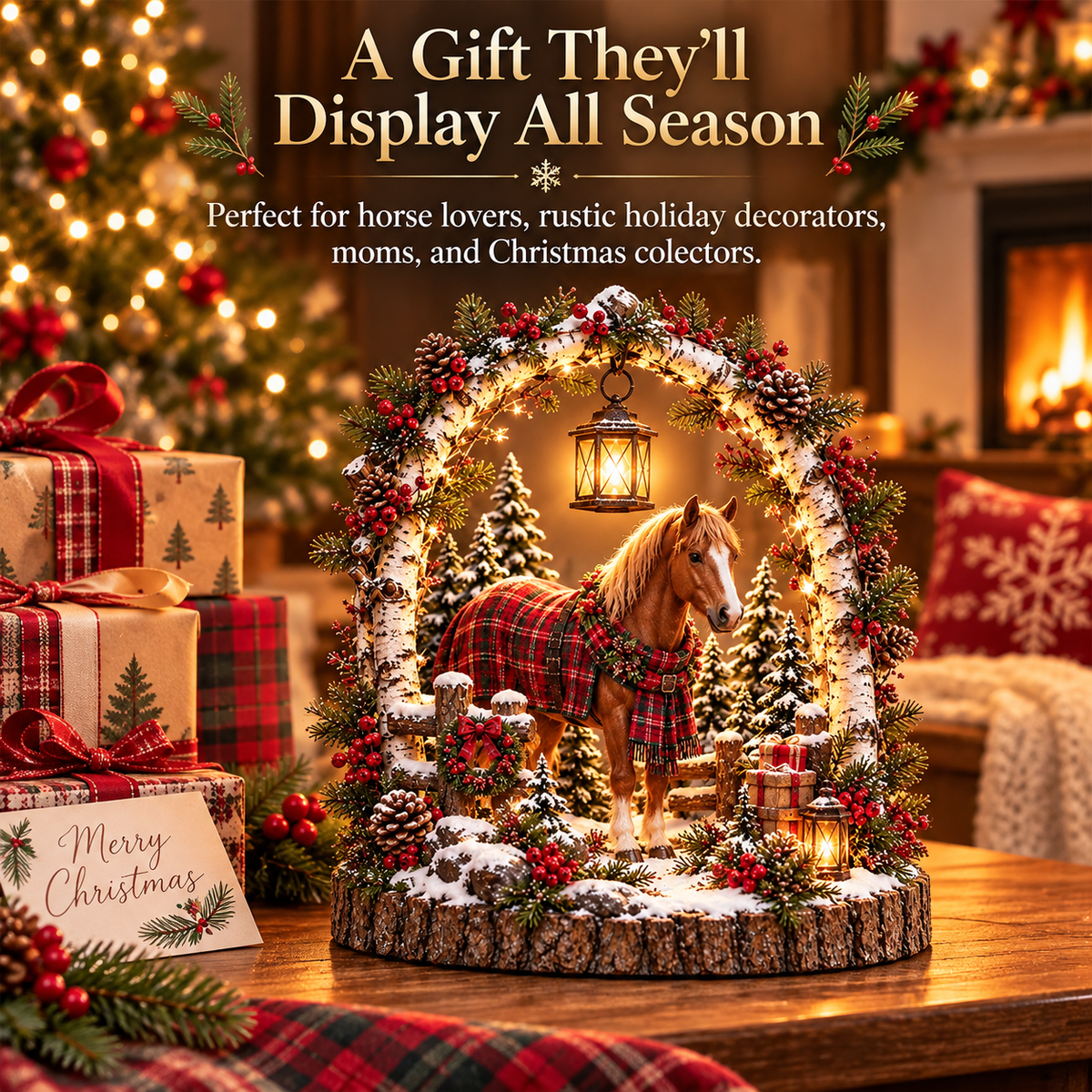 Christmas horse lantern scene as a holiday gift for horse lovers riders and barn families