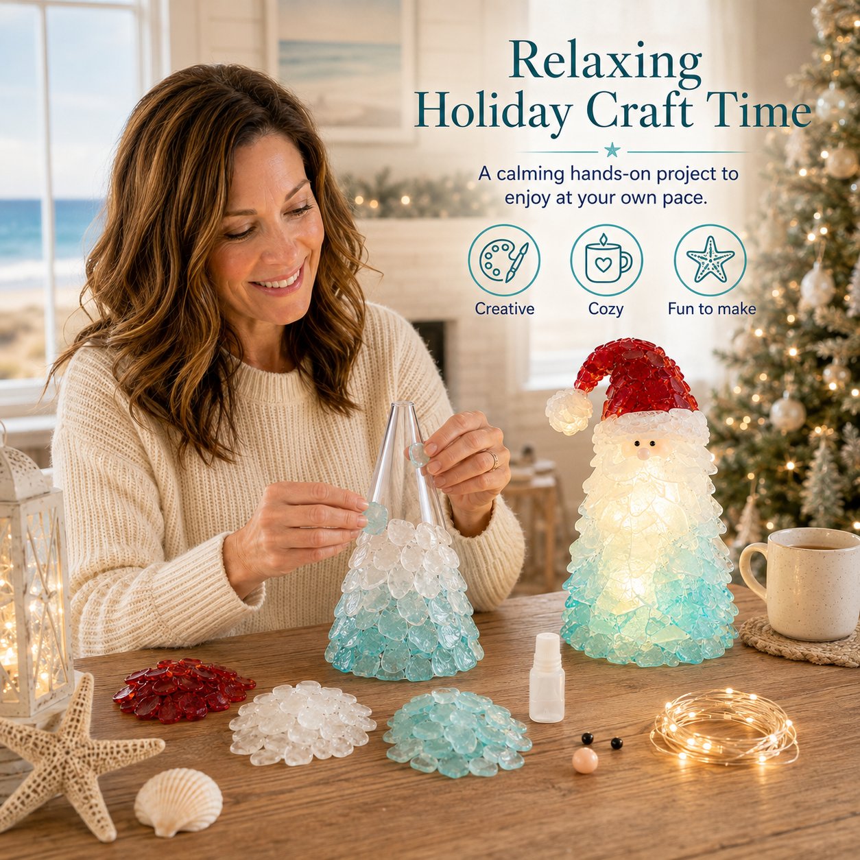 🔥Last Day 49% OFF – 🎅 Beginner-Friendly DIY Lighted Sea Glass Santa Christmas Decor Kit | Complete Kit with Sea Glass Pieces, Warm Fairy Lights & Step-by-Step Guide Included 💕