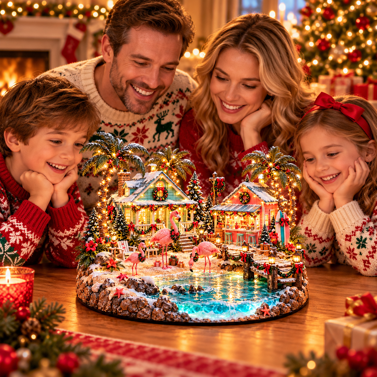 Family enjoying Flamingo Christmas Lagoon Village