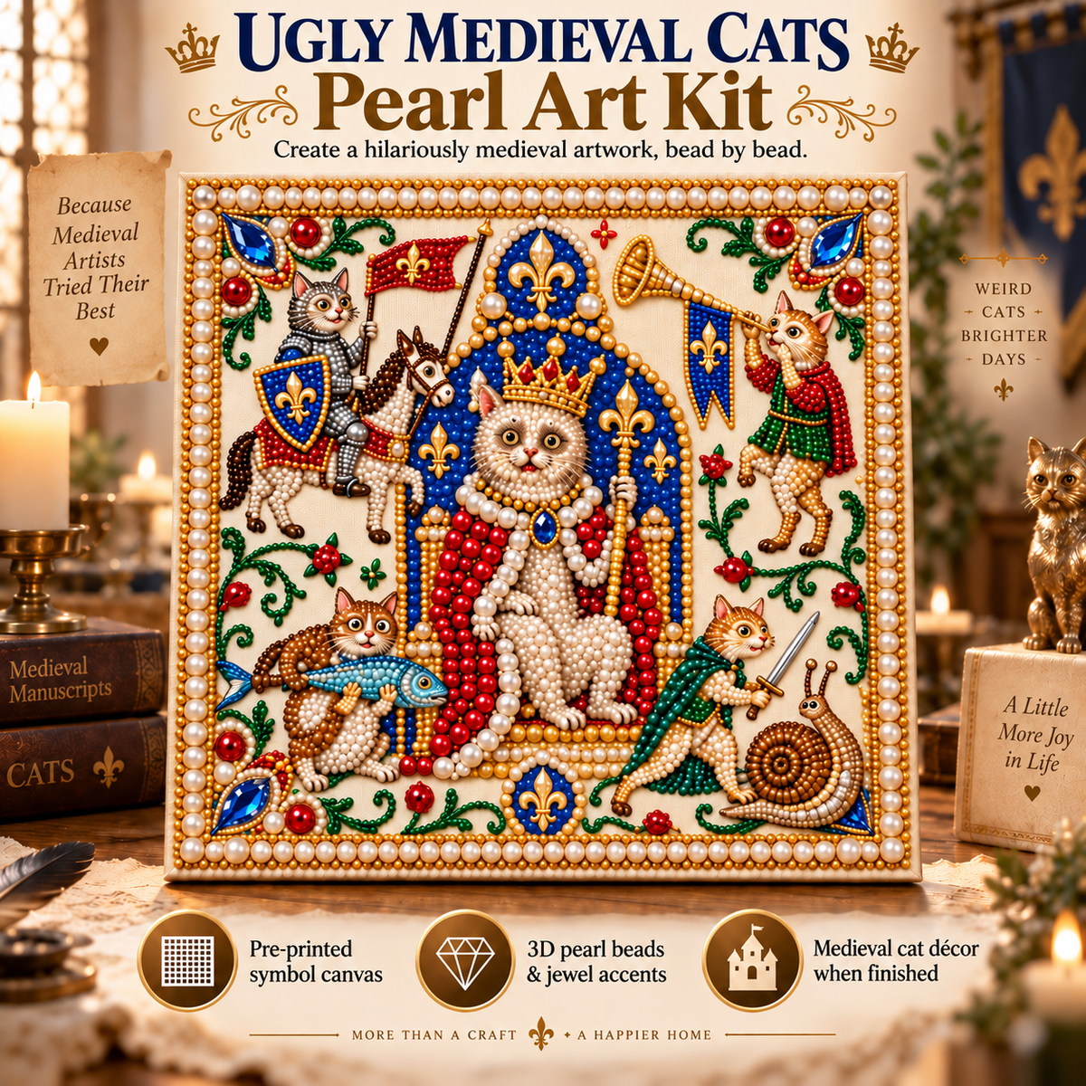 Royal medieval cats pearl art kit contents with beads tray wax pad and applicator