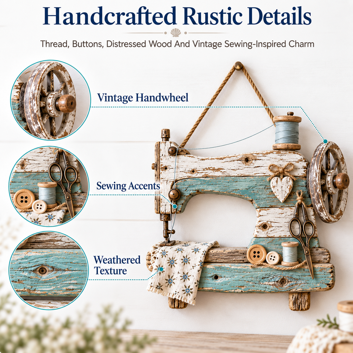 Sewing machine wall decor detail view with vintage handwheel scissors buttons thread and weathered texture