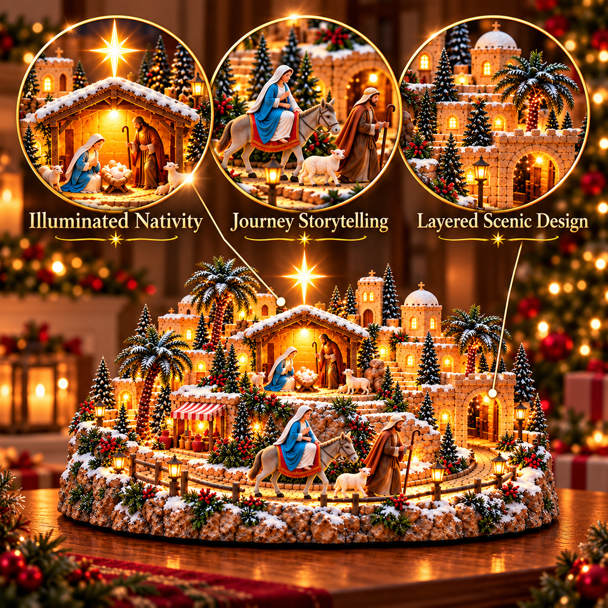 Mary and Joseph journey with illuminated Nativity and layered Bethlehem village