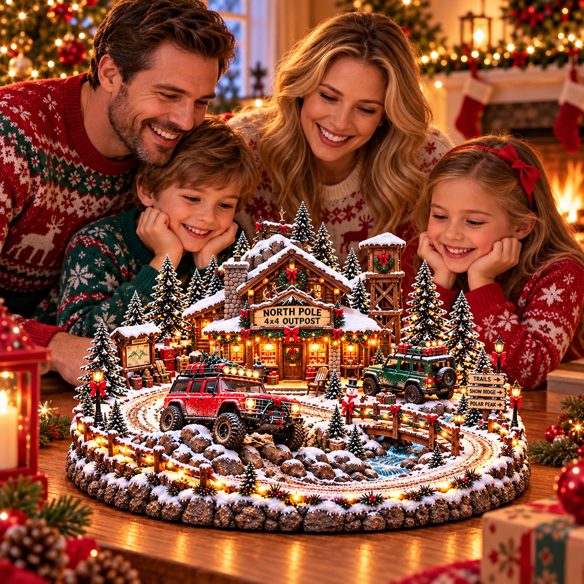 Family viewing North Pole 4x4 Christmas village