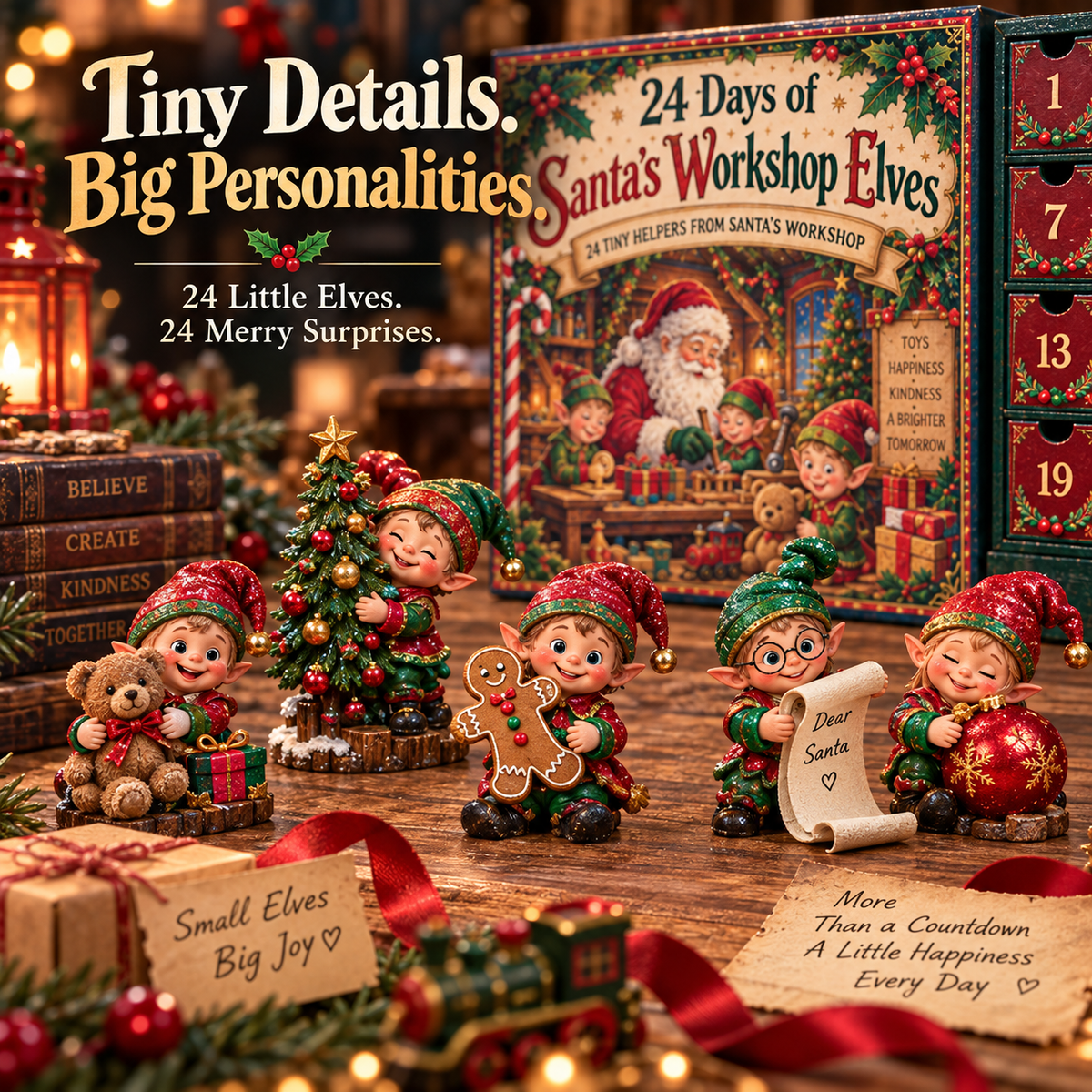 Santa Workshop Elves close-up with toys gingerbread tree and Dear Santa details