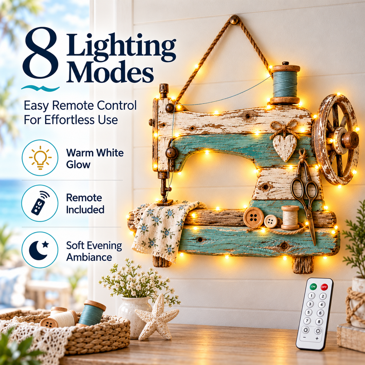 Lighted sewing machine wall decor with warm white glow remote control and eight lighting modes
