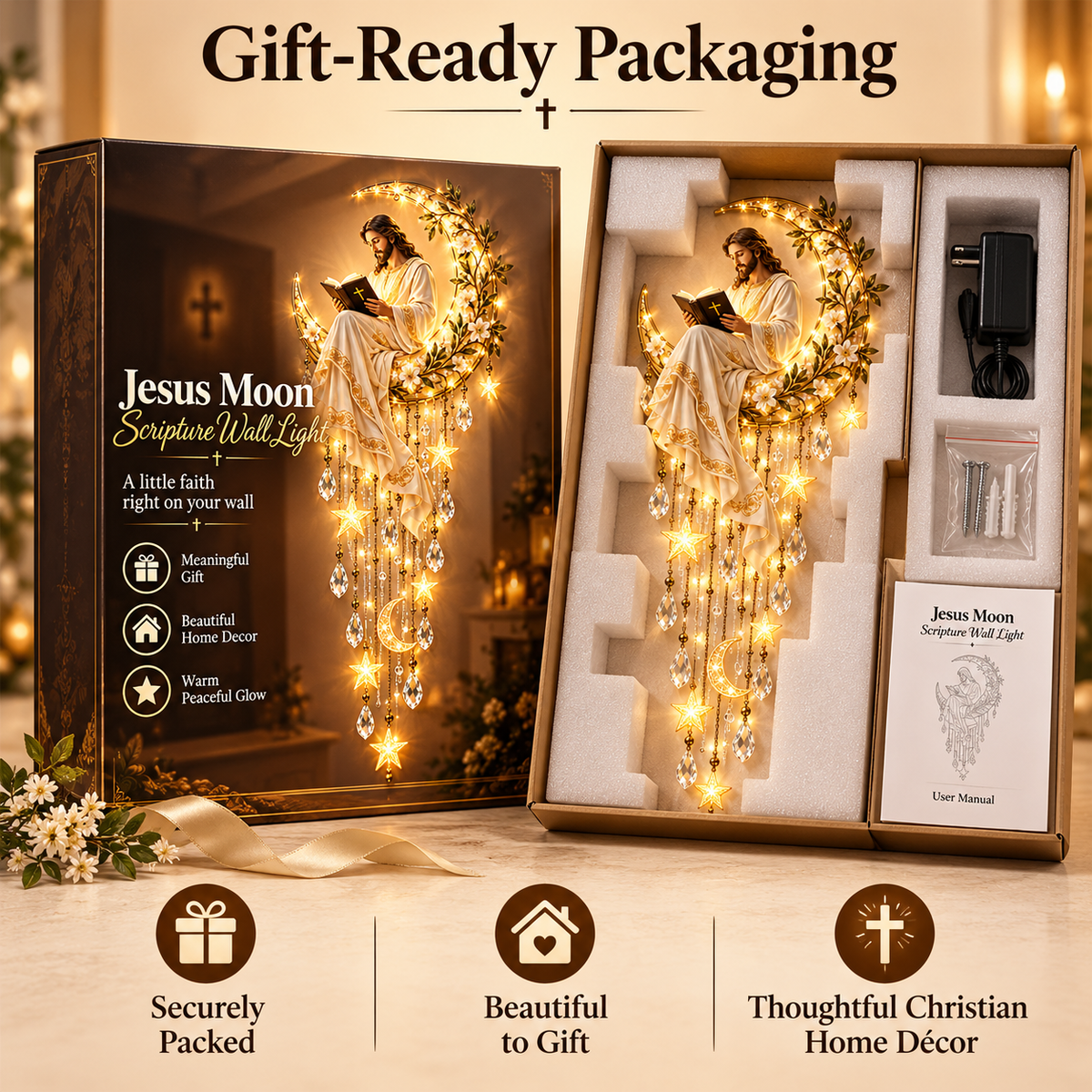 Jesus Moonlight Scripture Wall Light gift-ready packaging