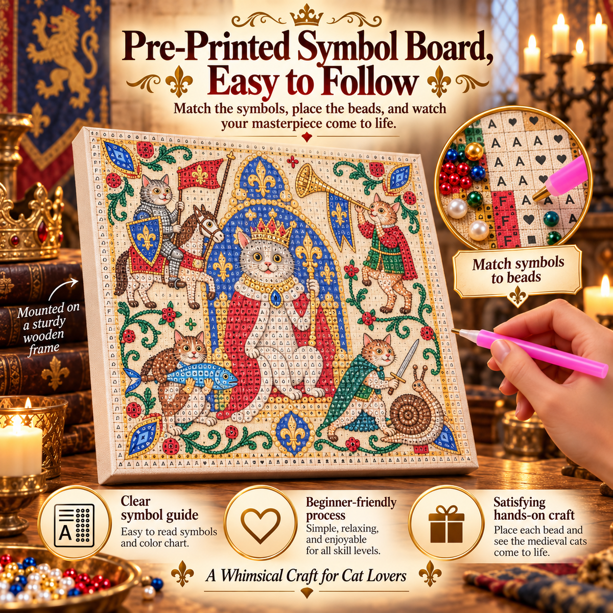 Finished royal medieval cats pearl artwork displayed with books and medieval decor