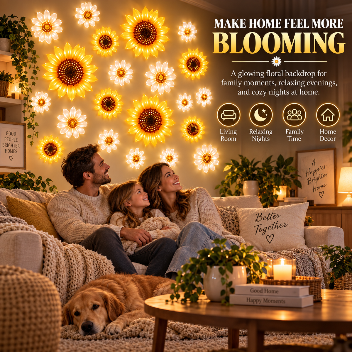 Family relaxing in a room with glowing sunflower and daisy wall lights