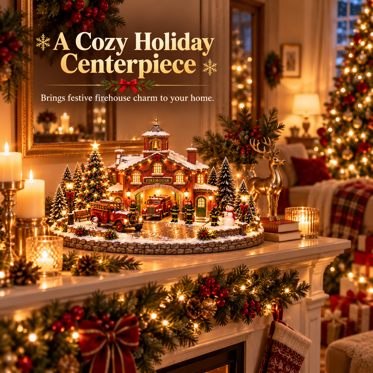 🎄 Christmas Firehouse Village™ – Warm LED Lights, Vintage Fire Trucks & Cozy Holiday Display
