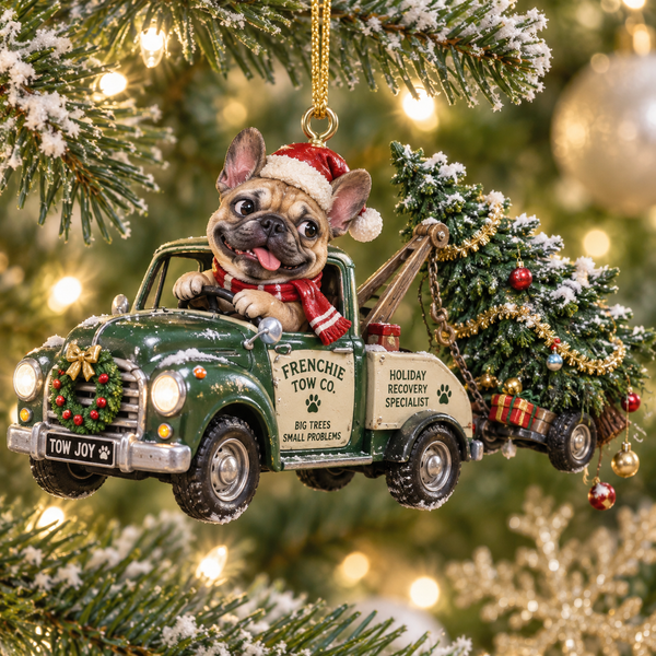 Frenchie Christmas Tree Tow Truck