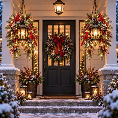 Cardinal Hearth Glow™ – Pre-Lit Cardinal Lantern & Evergreen Christmas Porch Decor