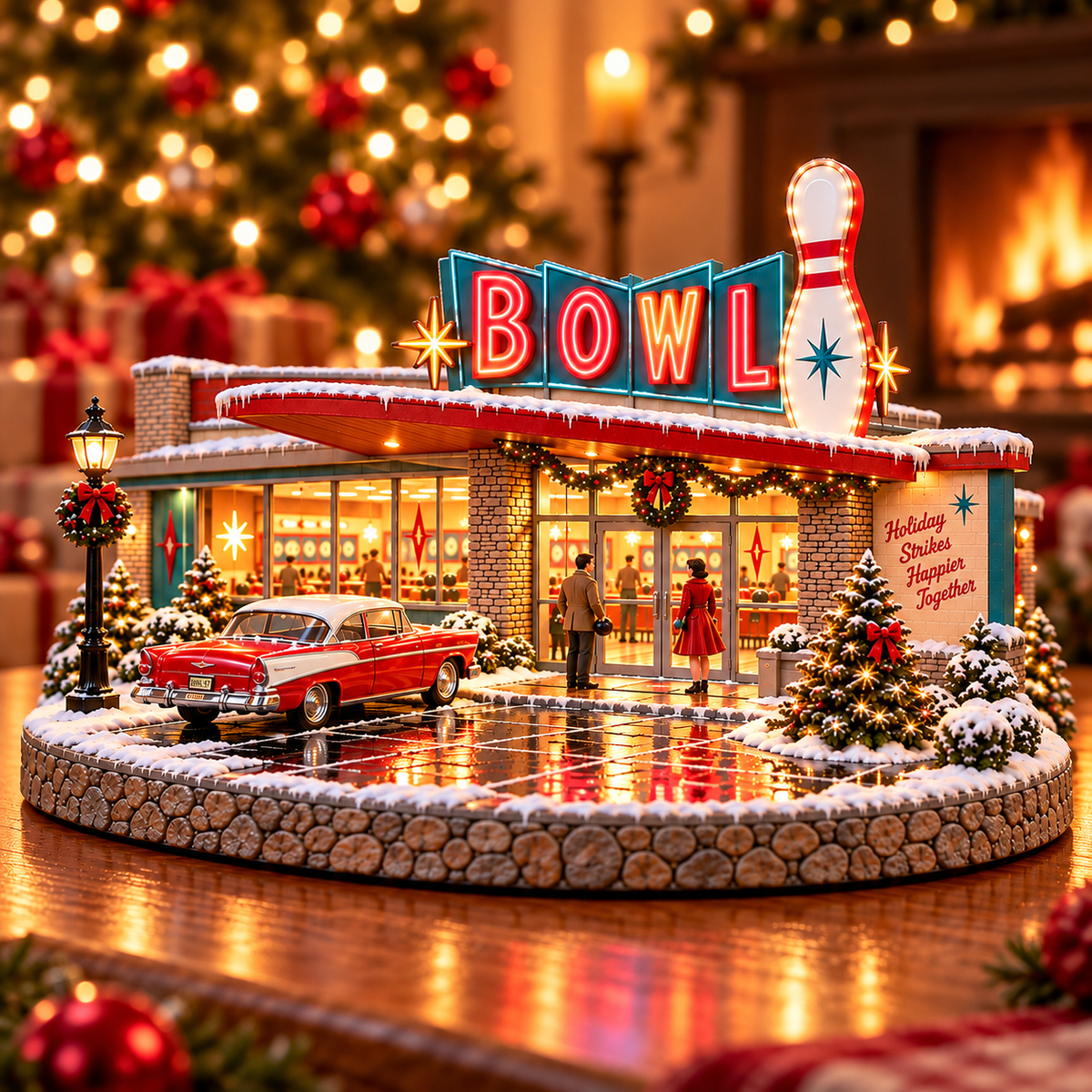 Lighted retro bowling alley Christmas village with classic red car