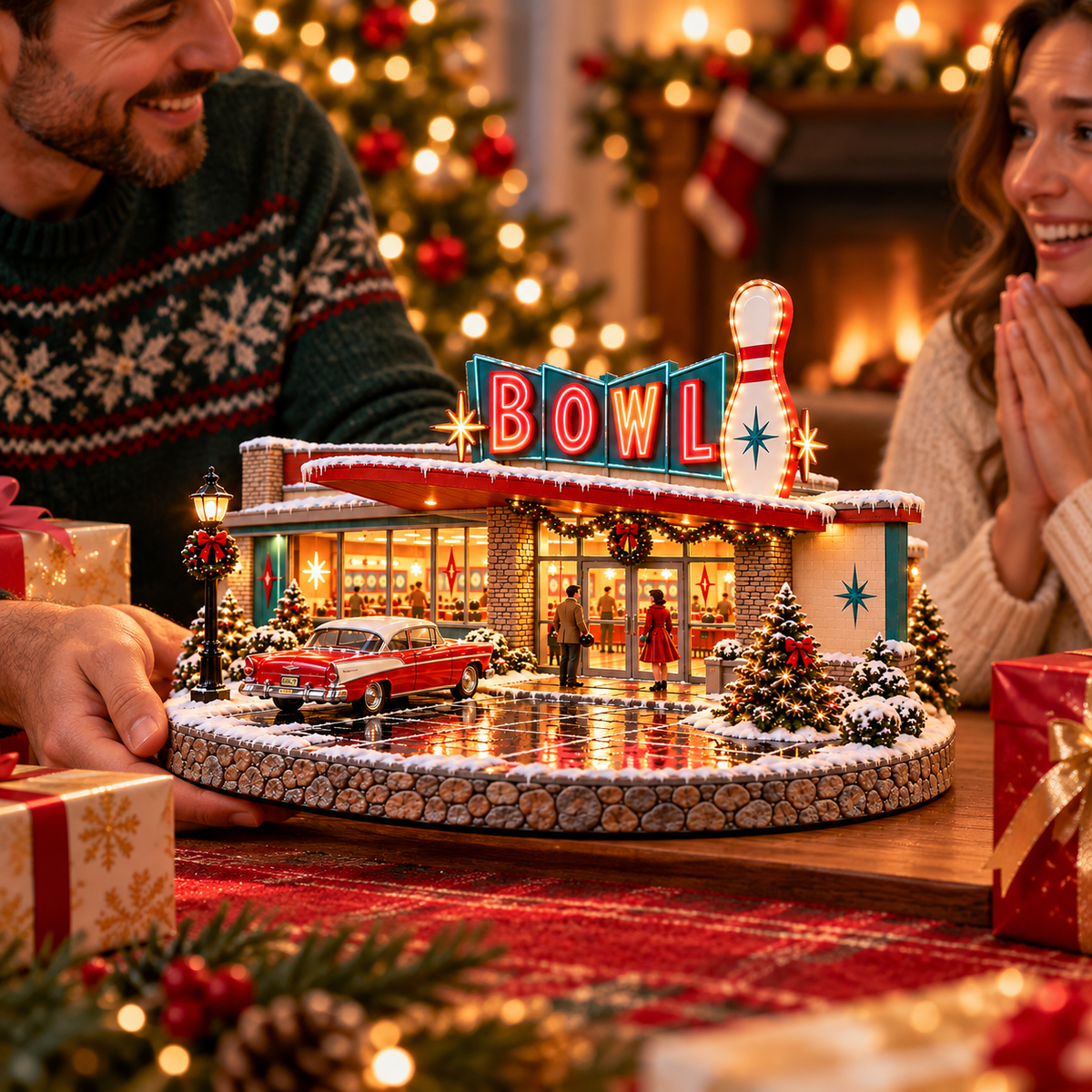 Couple enjoying nostalgic bowling alley Christmas display