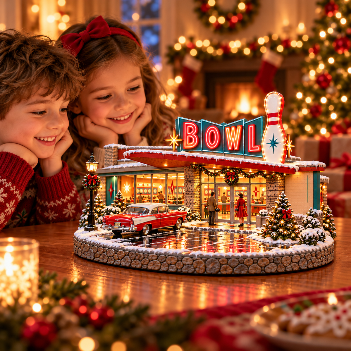 Family enjoying a retro bowling alley Christmas display