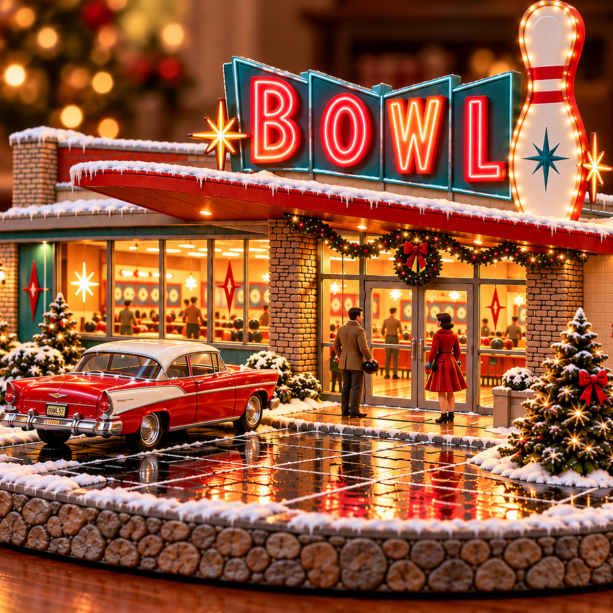 Retro bowling alley Christmas scene with vintage details