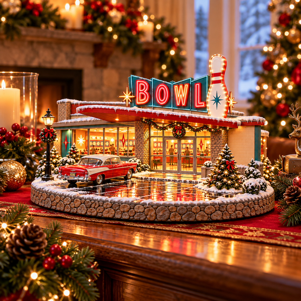 Retro bowling alley Christmas village displayed in a holiday home