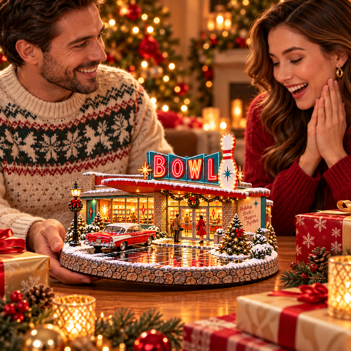 Retro bowling alley Christmas village gift scene