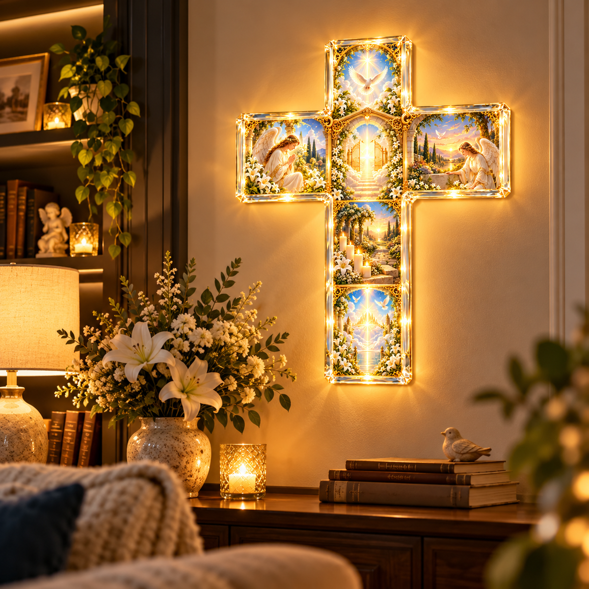Heaven's Garden Memorial Cross illuminated on a living room wall