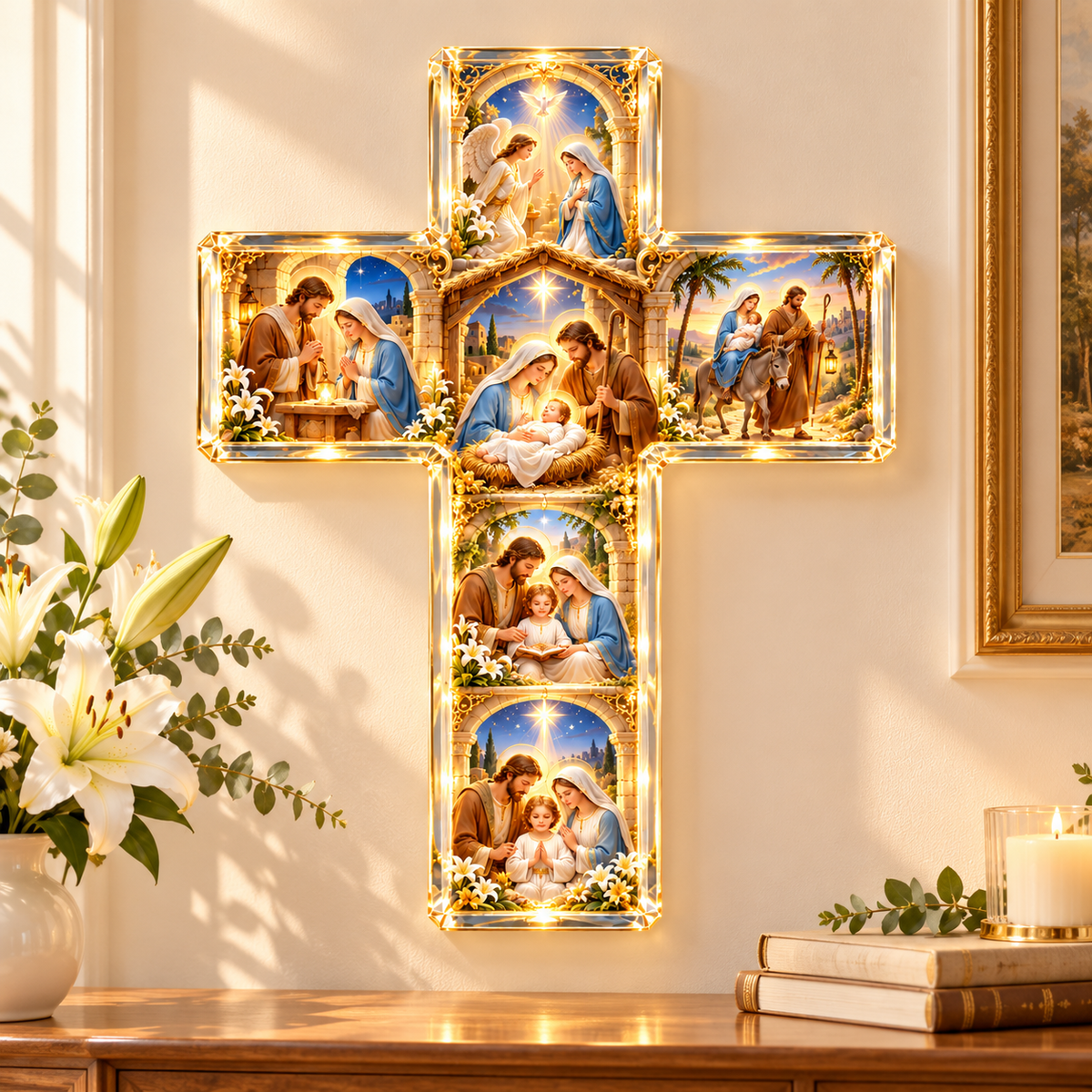 The Holy Family in 6 Scenes – Illuminated Sacred Family Cross Wall Decor