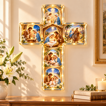 The Holy Family in 6 Scenes – Illuminated Sacred Family Cross Wall Decor