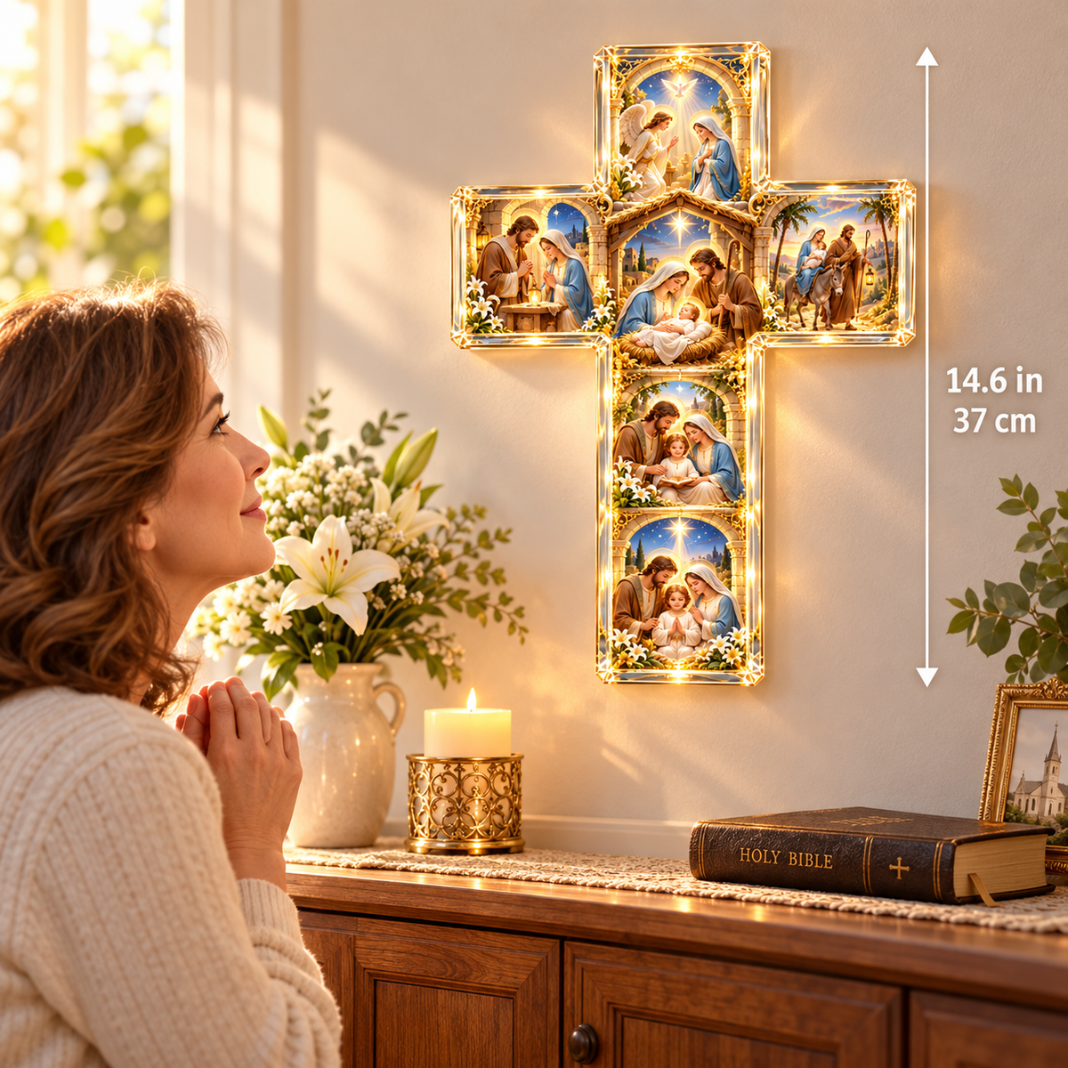 Holy Family Cross displayed in a prayer setting