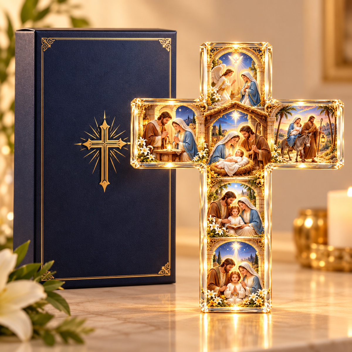 The Holy Family in 6 Scenes – Illuminated Sacred Family Cross Wall Decor