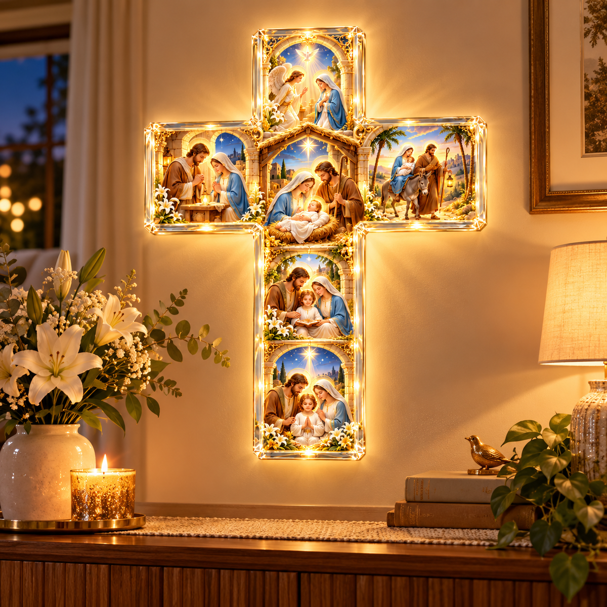 The Holy Family in 6 Scenes – Illuminated Sacred Family Cross Wall Decor