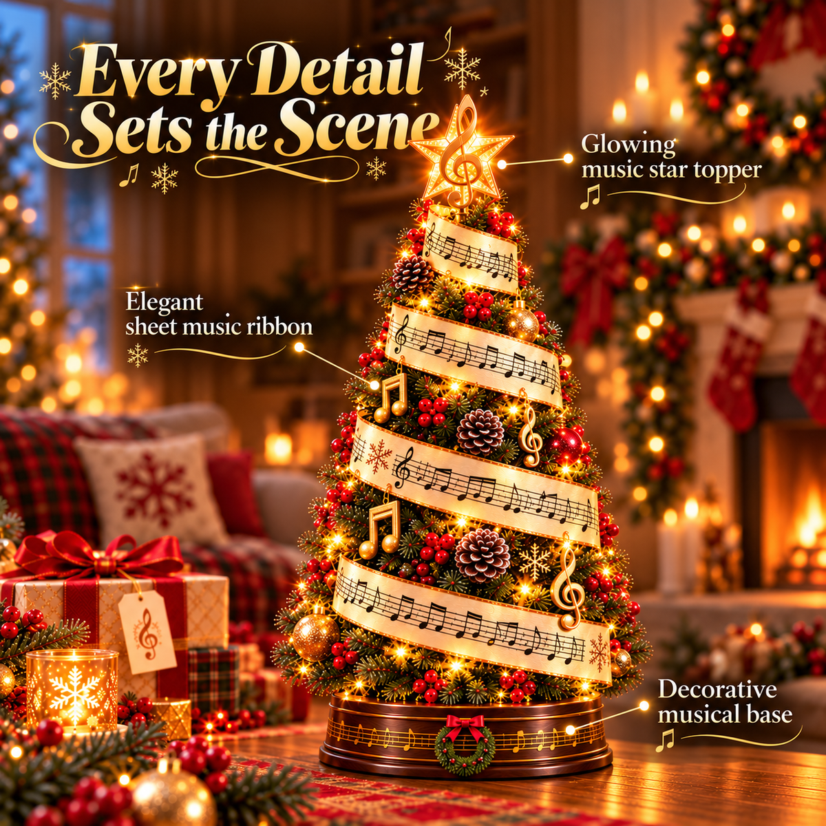 Sheet Music Christmas Tree topper ribbon and musical base details