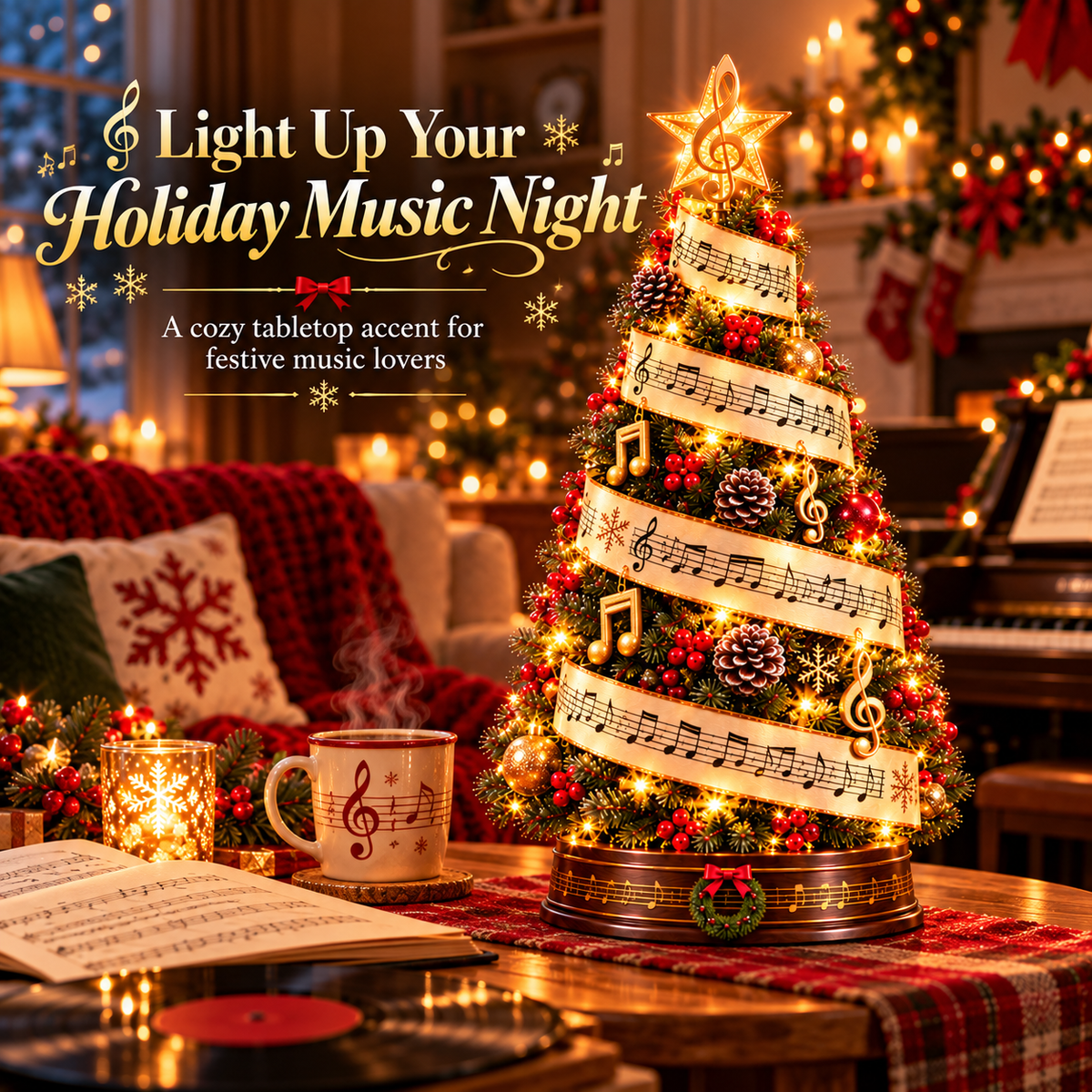 Sheet Music Christmas Tree displayed beside music and holiday decor