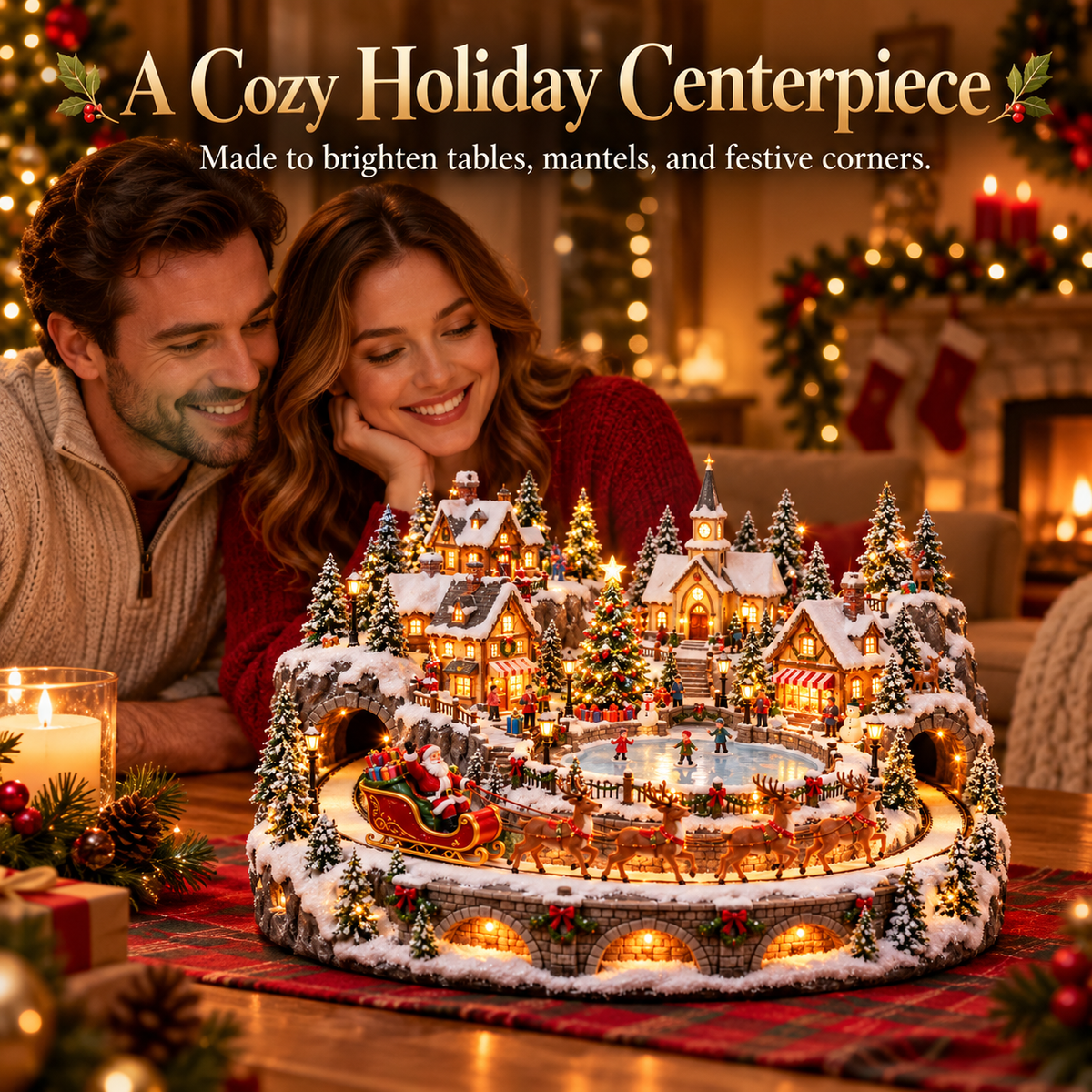 Couple enjoying animated Santa sleigh Christmas village