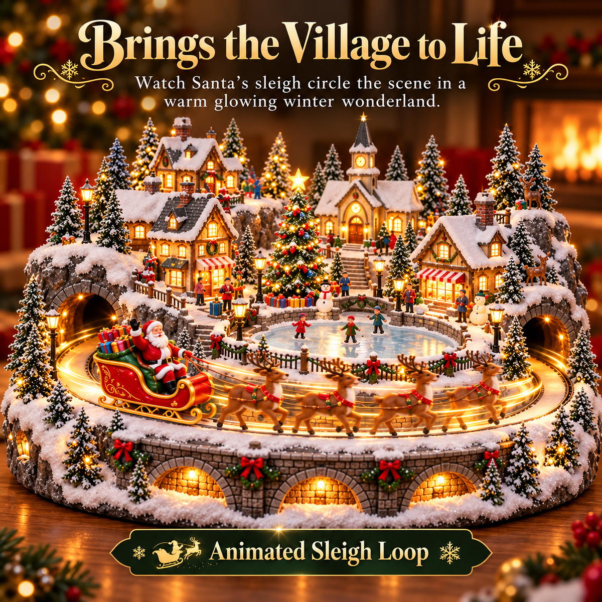 Animated Santa sleigh moving around Christmas village