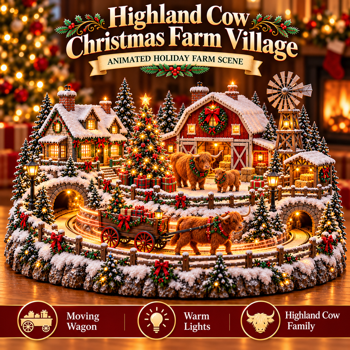 Animated Highland Cow Christmas farm village