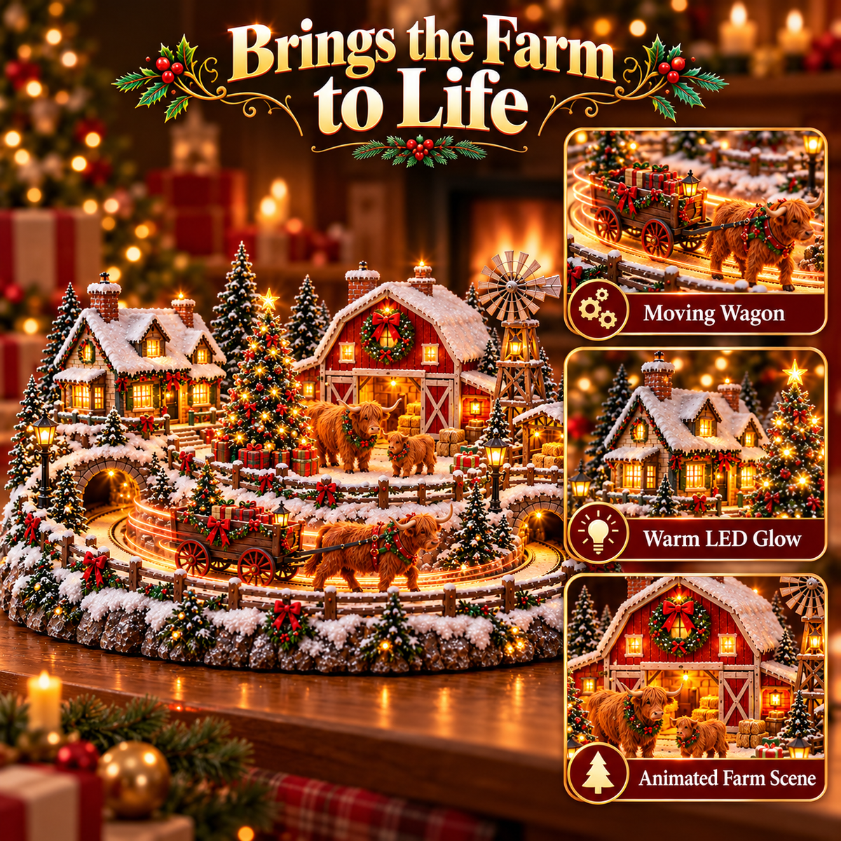 Moving Christmas wagon in Highland Cow farm village